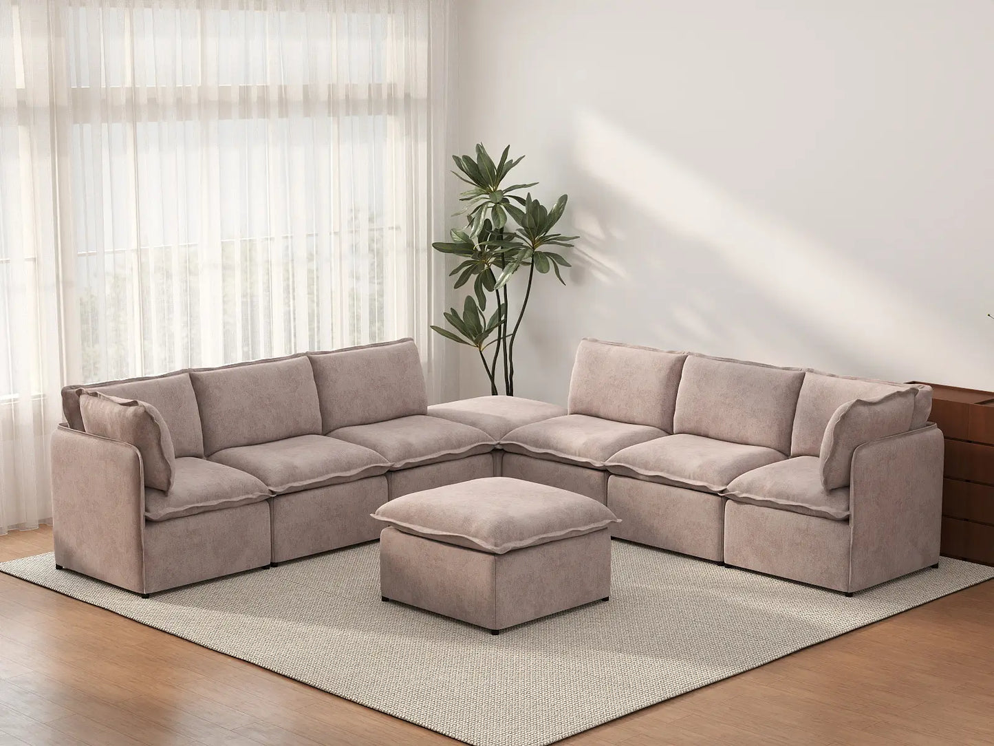 Deluxe Cloud 6-Seater Khaki Sofa Set | 8-Piece (Includes 2 Ottomans), Linen Look Poly Fabric, Washable Cushion Covers