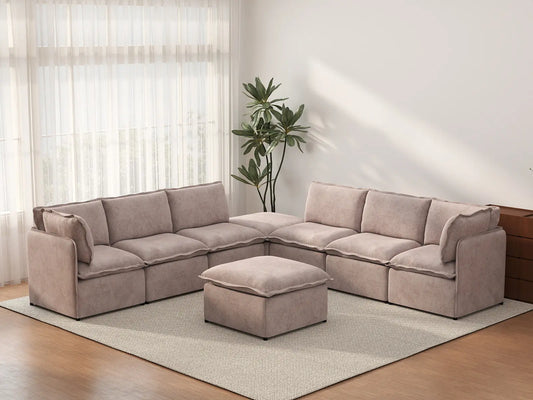 Deluxe Cloud 6-Seater Khaki Sofa Set | 8-Piece (Includes 2 Ottomans), Linen Look Poly Fabric, Washable Cushion Covers
