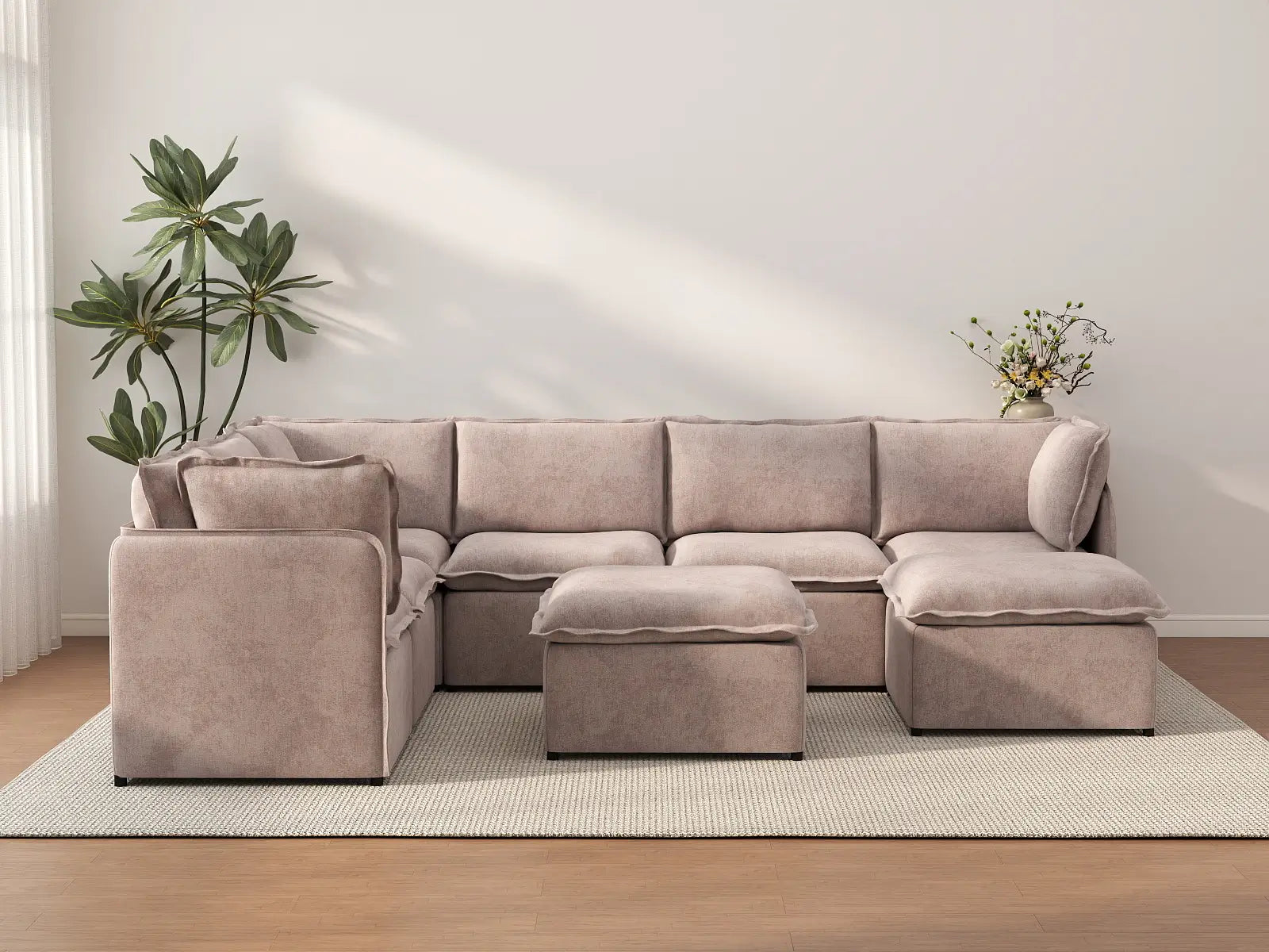 Deluxe Cloud 6-Seater Khaki Sofa Set | 8-Piece (Includes 2 Ottomans), Linen Look Poly Fabric, Washable Cushion Covers