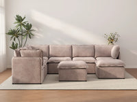 Deluxe Cloud 6-Seater Khaki Sofa Set | 8-Piece (Includes 2 Ottomans), Linen Look Poly Fabric, Washable Cushion Covers