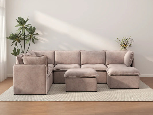 Deluxe Cloud 6-Seater Khaki Sofa Set | 8-Piece (Includes 2 Ottomans), Linen Look Poly Fabric, Washable Cushion Covers