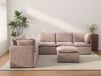 Deluxe Cloud 6-Seater Khaki Sofa Set | 8-Piece (Includes 2 Ottomans), Linen Look Poly Fabric, Washable Cushion Covers