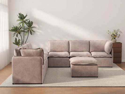Deluxe Cloud 6-Seater Khaki Sofa Set | 8-Piece (Includes 2 Ottomans), Linen Look Poly Fabric, Washable Cushion Covers