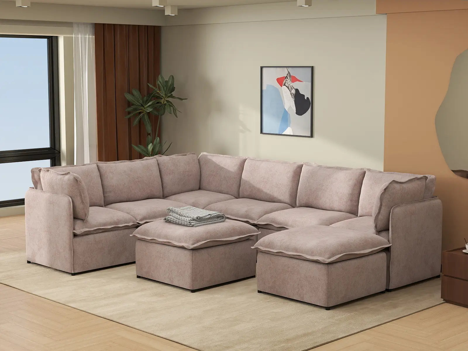 Deluxe Cloud 6-Seater Khaki Sofa Set | 8-Piece (Includes 2 Ottomans), Linen Look Poly Fabric, Washable Cushion Covers