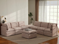Deluxe Cloud 6-Seater Khaki Sofa Set | 8-Piece (Includes 2 Ottomans), Linen Look Poly Fabric, Washable Cushion Covers