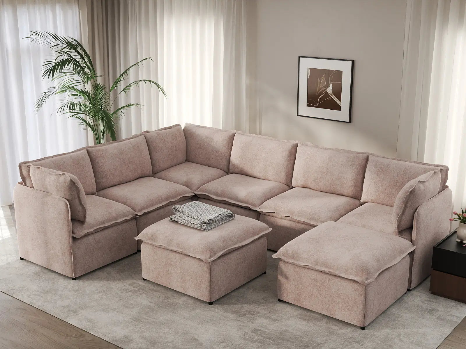 Deluxe Cloud 6-Seater Khaki Sofa Set | 8-Piece (Includes 2 Ottomans), Linen Look Poly Fabric, Washable Cushion Covers