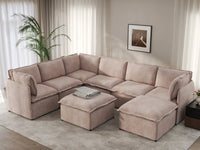 Deluxe Cloud 6-Seater Khaki Sofa Set | 8-Piece (Includes 2 Ottomans), Linen Look Poly Fabric, Washable Cushion Covers