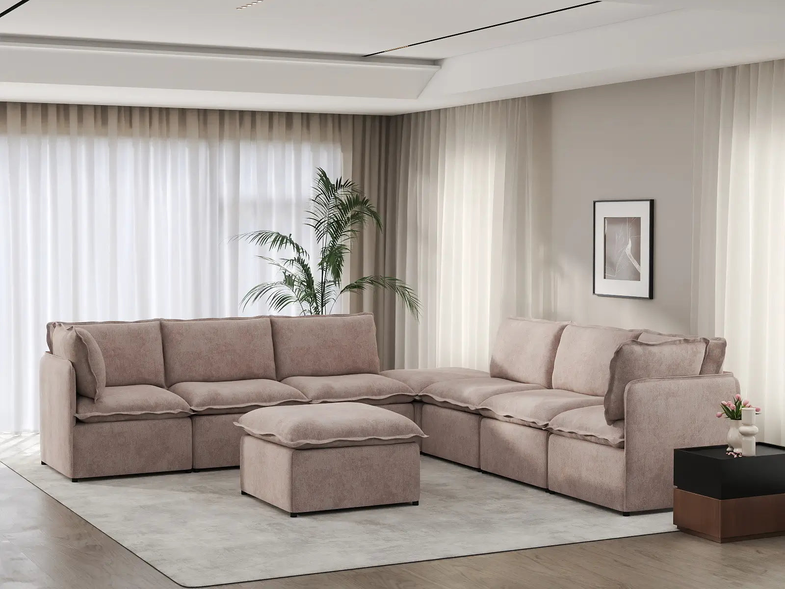 Deluxe Cloud 6-Seater Khaki Sofa Set | 8-Piece (Includes 2 Ottomans), Linen Look Poly Fabric, Washable Cushion Covers
