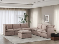 Deluxe Cloud 6-Seater Khaki Sofa Set | 8-Piece (Includes 2 Ottomans), Linen Look Poly Fabric, Washable Cushion Covers