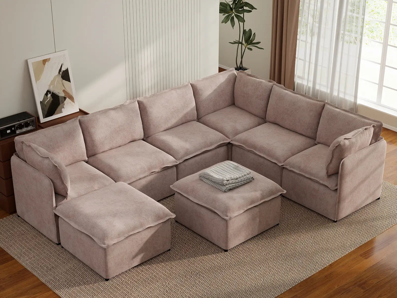 Deluxe Cloud 6-Seater Khaki Sofa Set | 8-Piece (Includes 2 Ottomans), Linen Look Poly Fabric, Washable Cushion Covers