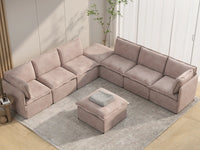 Deluxe Cloud 6-Seater Khaki Sofa Set | 8-Piece (Includes 2 Ottomans), Linen Look Poly Fabric, Washable Cushion Covers