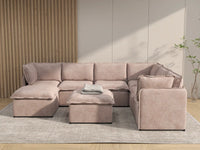 Deluxe Cloud 6-Seater Khaki Sofa Set | 8-Piece (Includes 2 Ottomans), Linen Look Poly Fabric, Washable Cushion Covers