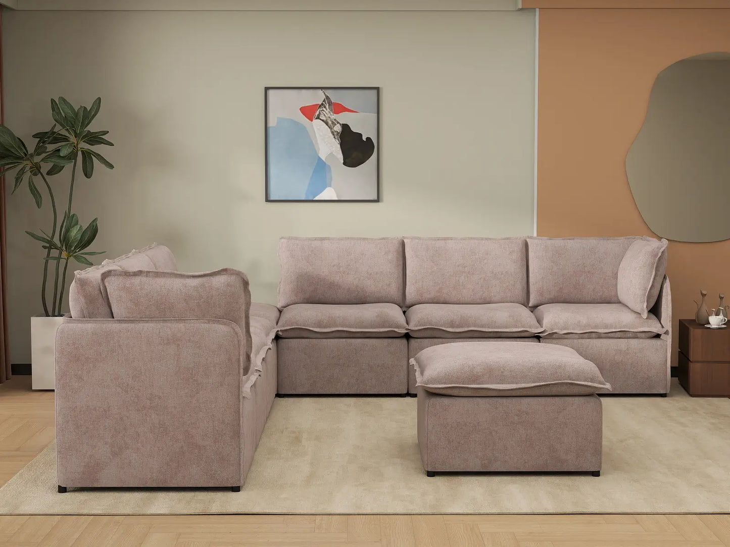 Deluxe Cloud 6-Seater Khaki Sofa Set | 8-Piece (Includes 2 Ottomans), Linen Look Poly Fabric, Washable Cushion Covers