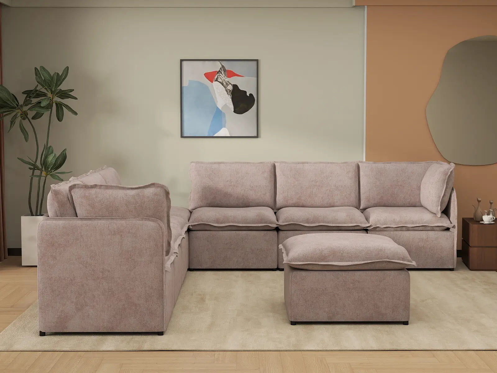 Deluxe Cloud 6-Seater Khaki Sofa Set | 8-Piece (Includes 2 Ottomans), Linen Look Poly Fabric, Washable Cushion Covers