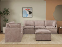 Deluxe Cloud 6-Seater Khaki Sofa Set | 8-Piece (Includes 2 Ottomans), Linen Look Poly Fabric, Washable Cushion Covers