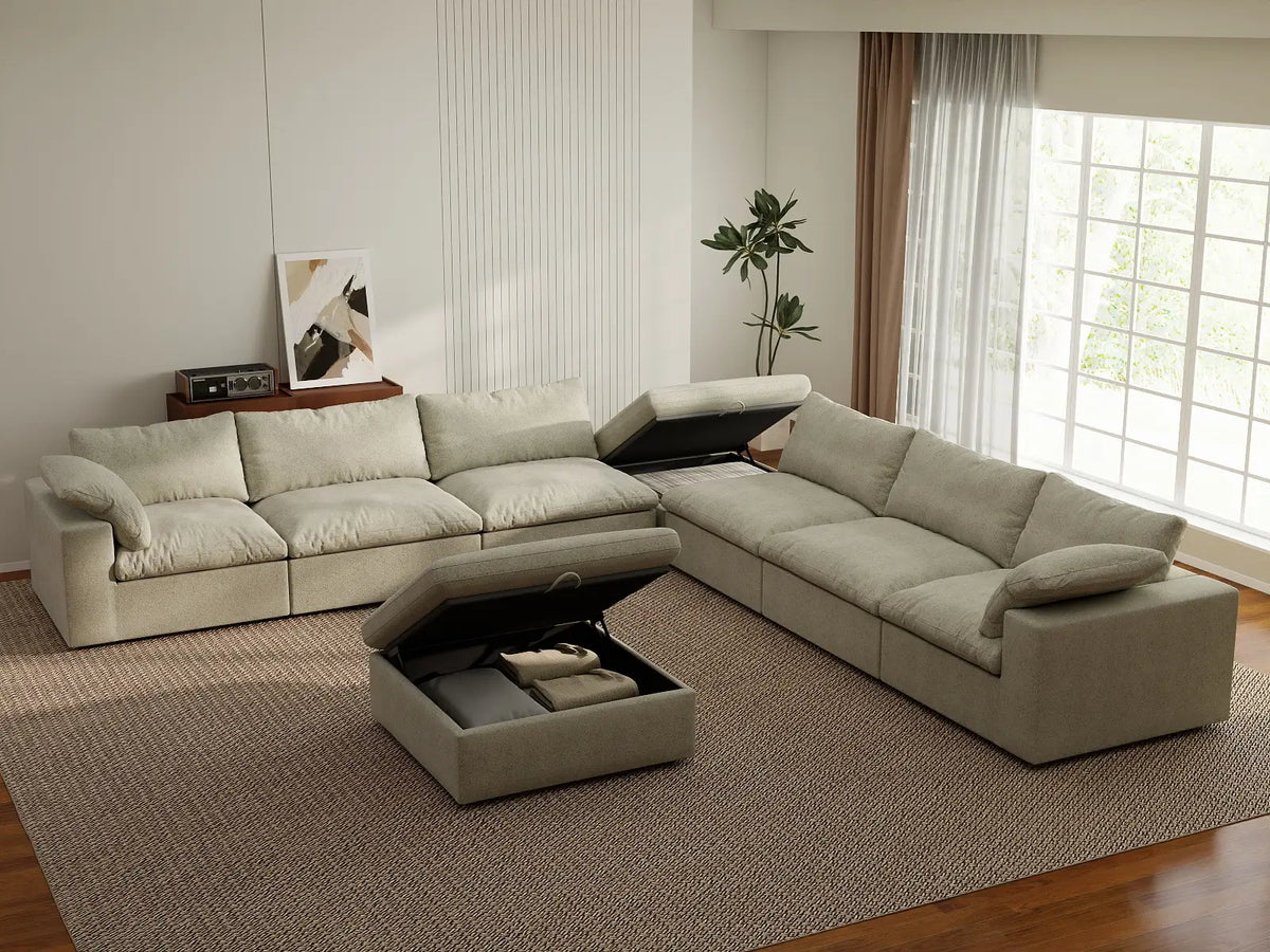 Deluxe Premium Cloud Sectional Sofa Covers | Khaki Cotton and Linen Sofa Cover for 6-Seater with 2-Ottomans