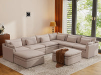 Deluxe Cloud 6-Seater Khaki Sofa Set | 8-Piece (Includes 2 Ottomans), Linen Look Poly Fabric, Washable Cushion Covers