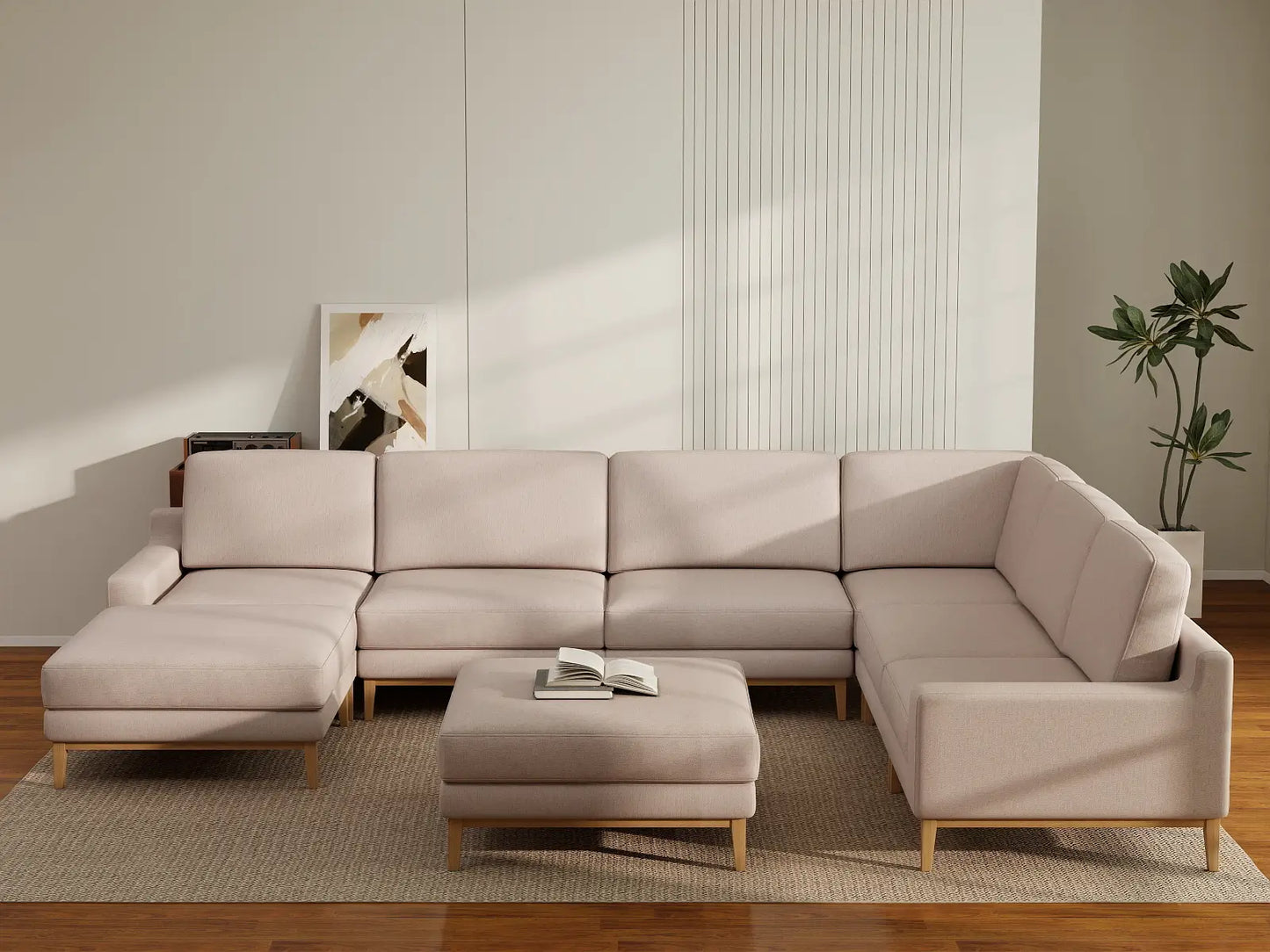 Deluxe Cloud 6-Seater Khaki Sofa Set | 8-Piece (Includes 2 Ottomans), Linen Look Poly Fabric, Washable Cushion Covers