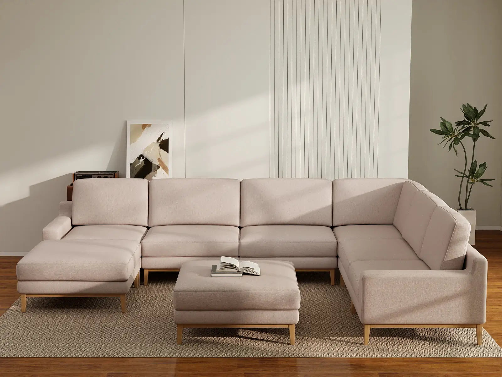 Deluxe Cloud 6-Seater Khaki Sofa Set | 8-Piece (Includes 2 Ottomans), Linen Look Poly Fabric, Washable Cushion Covers