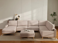 Deluxe Cloud 6-Seater Khaki Sofa Set | 8-Piece (Includes 2 Ottomans), Linen Look Poly Fabric, Washable Cushion Covers