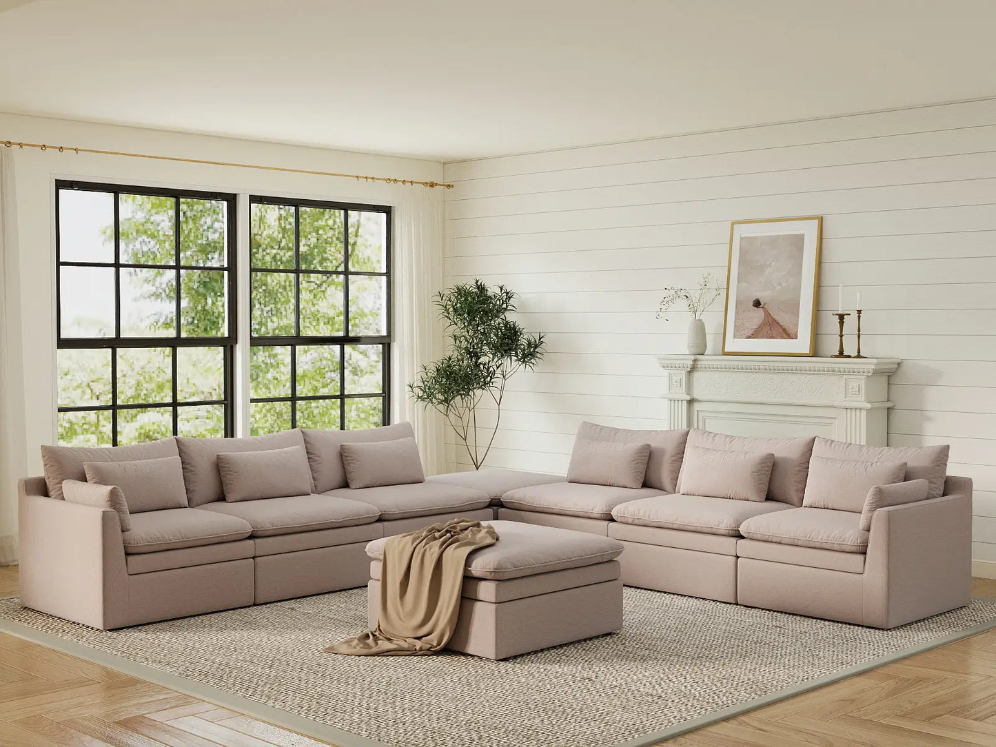 Deluxe Cloud 6-Seater Khaki Sofa Set | 8-Piece (Includes 2 Ottomans), Linen Look Poly Fabric, Washable Cushion Covers