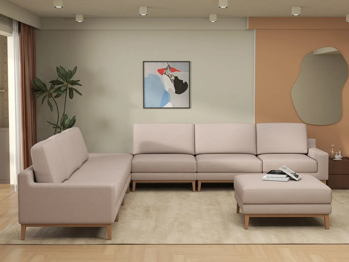Deluxe Cloud 6-Seater Khaki Sofa Set | 8-Piece (Includes 2 Ottomans), Linen Look Poly Fabric, Washable Cushion Covers