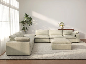 Deluxe Cloud 6-Seater Khaki Sofa Set | 8-Piece (Includes 2 Ottomans), Cotton And Linen Fabric, Living Room, Washable Cushion Covers
