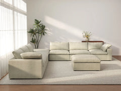 Deluxe Cloud 6-Seater Khaki Sofa Set | 8-Piece (Includes 2 Ottomans), Cotton And Linen Fabric, Living Room, Washable Cushion Covers