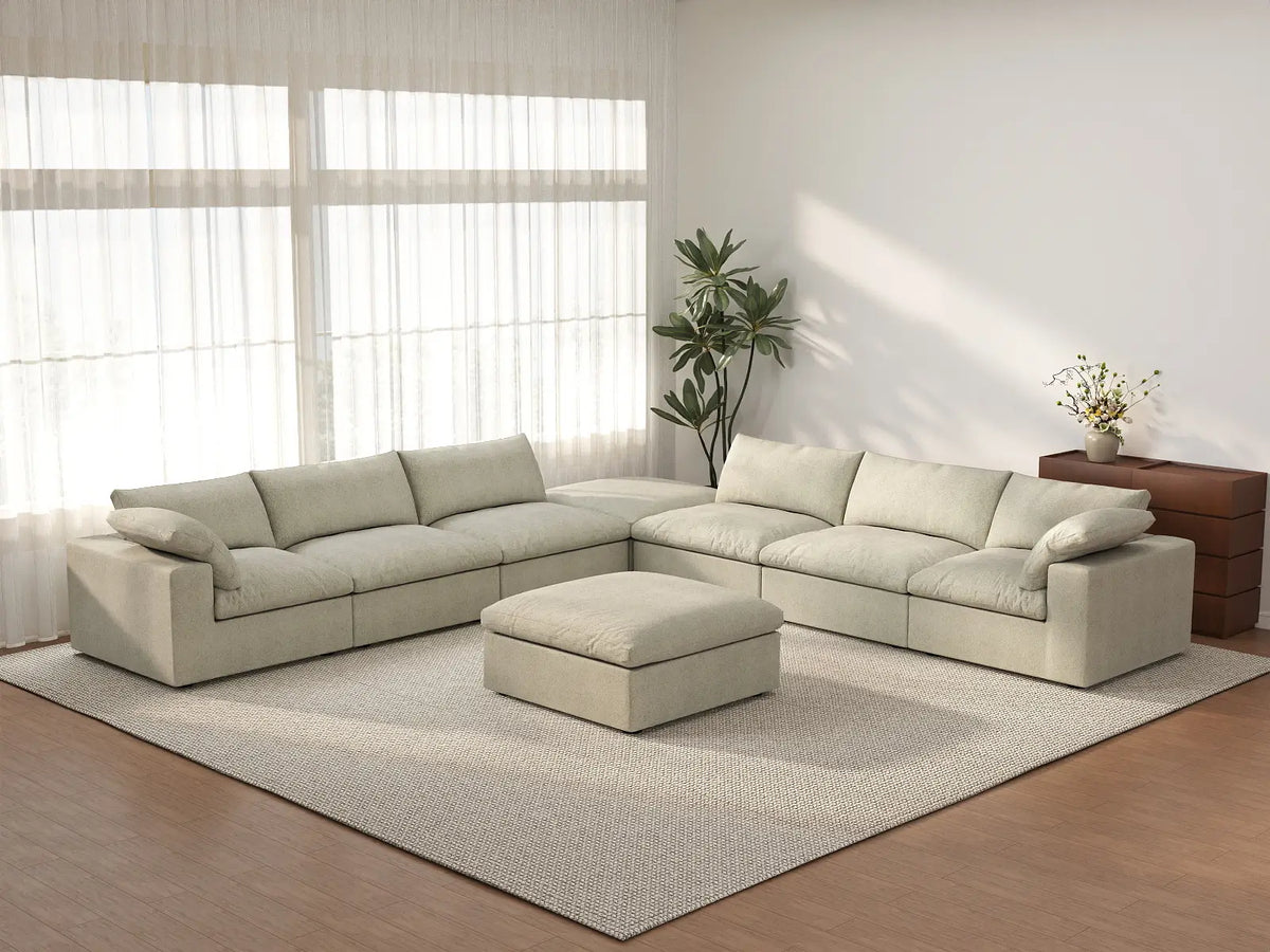 Deluxe Cloud 6-Seater Khaki Sofa Set | 8-Piece (Includes 2 Ottomans), Cotton And Linen Fabric, Living Room, Washable Cushion Covers
