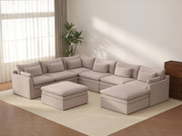 Deluxe Cloud 6-Seater Khaki Sofa Set | 8-Piece (Includes 2 Ottomans), Linen Look Poly Fabric, Washable Cushion Covers