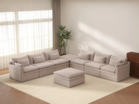 Deluxe Cloud 6-Seater Khaki Sofa Set | 8-Piece (Includes 2 Ottomans), Linen Look Poly Fabric, Washable Cushion Covers
