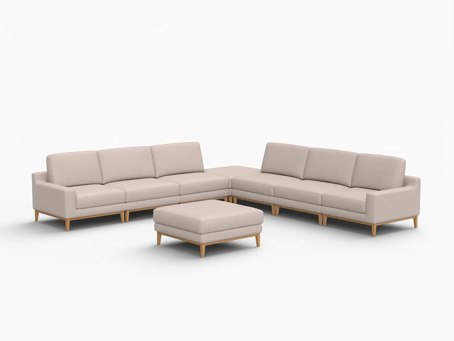 Deluxe Cloud 6-Seater Khaki Sofa Set | 8-Piece (Includes 2 Ottomans), Linen Look Poly Fabric, Washable Cushion Covers