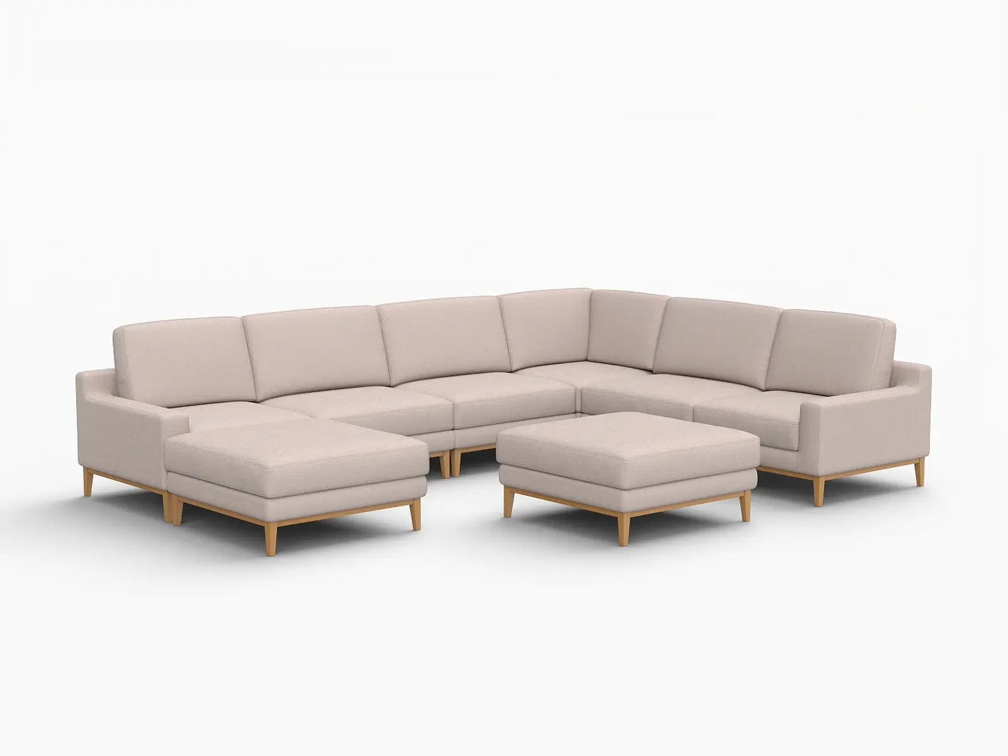 Deluxe Cloud 6-Seater Khaki Sofa Set | 8-Piece (Includes 2 Ottomans), Linen Look Poly Fabric, Washable Cushion Covers
