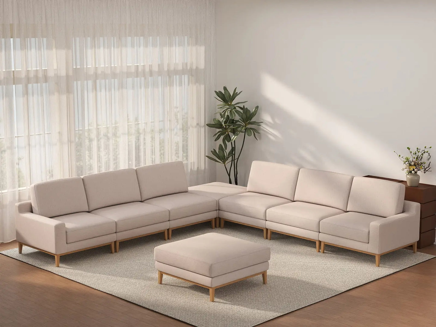 Deluxe Cloud 6-Seater Khaki Sofa Set | 8-Piece (Includes 2 Ottomans), Linen Look Poly Fabric, Washable Cushion Covers