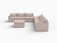 Deluxe Cloud 6-Seater Khaki Sofa Set | 8-Piece (Includes 2 Ottomans), Linen Look Poly Fabric, Washable Cushion Covers