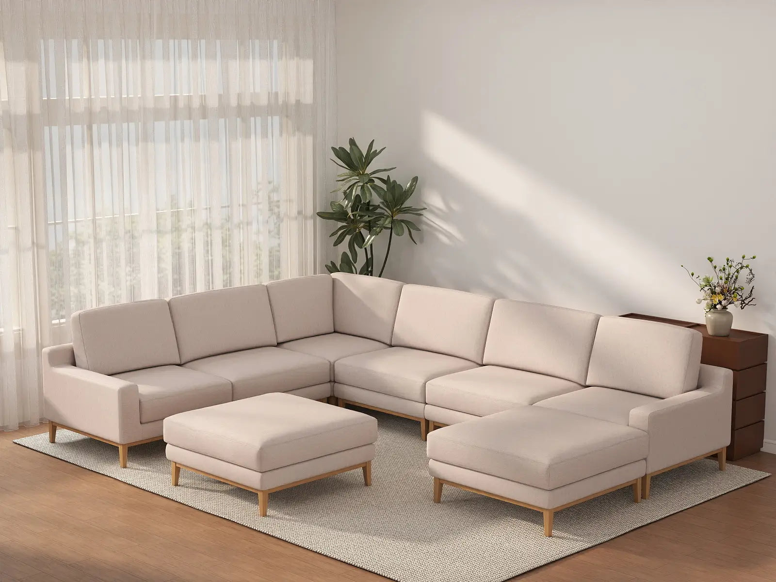 Deluxe Cloud 6-Seater Khaki Sofa Set | 8-Piece (Includes 2 Ottomans), Linen Look Poly Fabric, Washable Cushion Covers