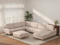 Deluxe Cloud 6-Seater Khaki Sofa Set | 8-Piece (Includes 2 Ottomans), Linen Look Poly Fabric, Washable Cushion Covers