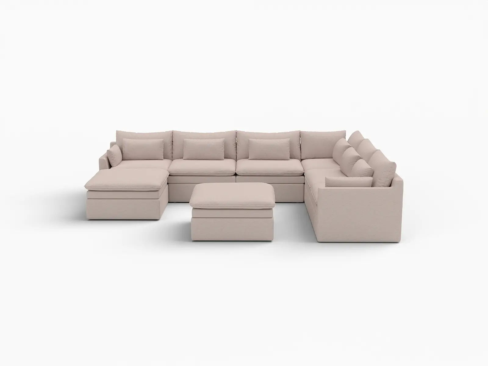Deluxe Cloud 6-Seater Khaki Sofa Set | 8-Piece (Includes 2 Ottomans), Linen Look Poly Fabric, Washable Cushion Covers