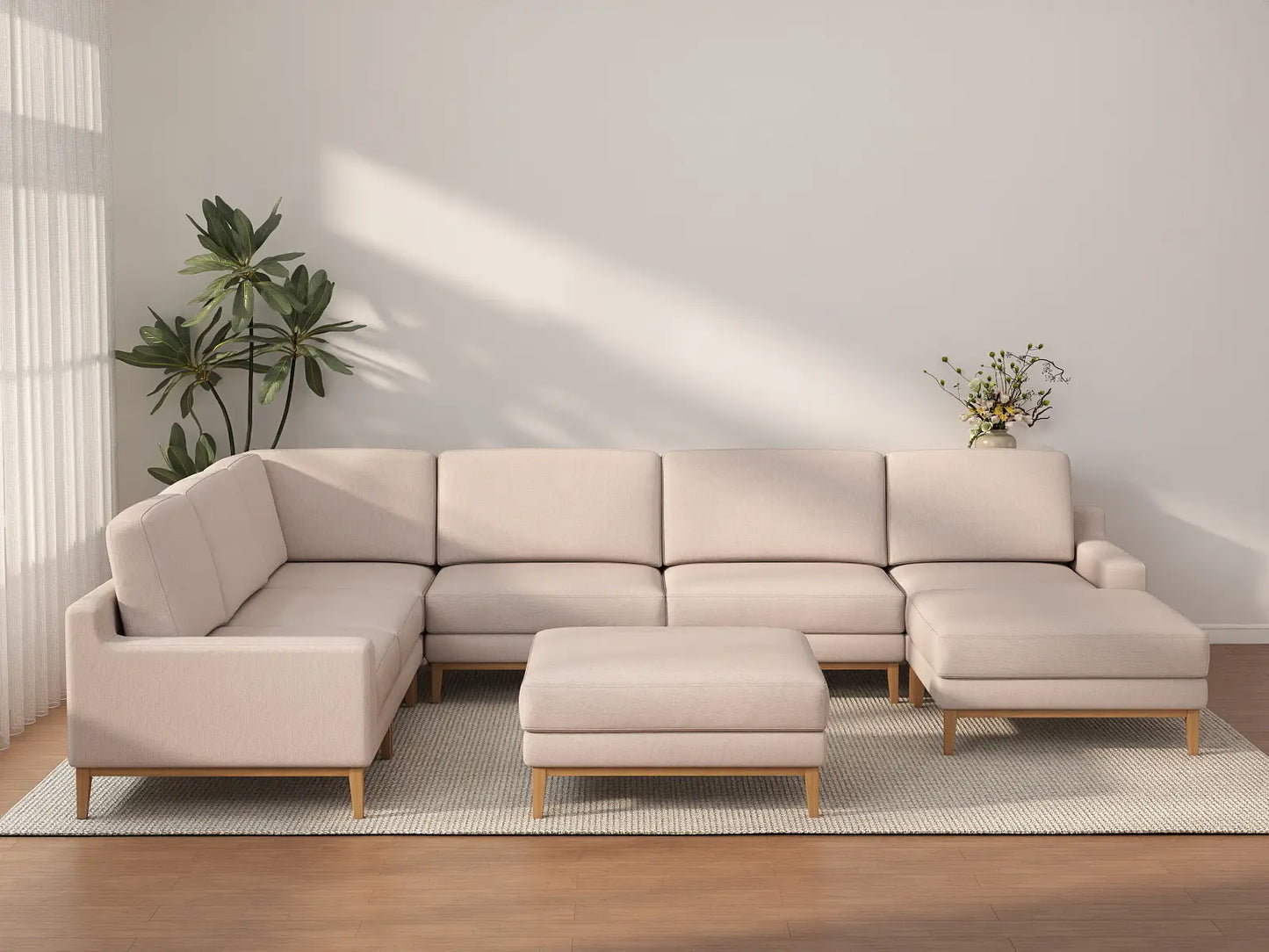 Deluxe Cloud 6-Seater Khaki Sofa Set | 8-Piece (Includes 2 Ottomans), Linen Look Poly Fabric, Washable Cushion Covers