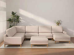 Deluxe Cloud 6-Seater Khaki Sofa Set | 8-Piece (Includes 2 Ottomans), Linen Look Poly Fabric, Washable Cushion Covers
