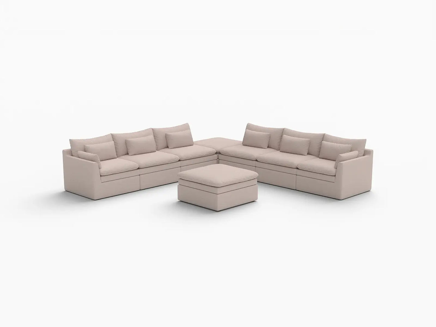 Deluxe Cloud 6-Seater Khaki Sofa Set | 8-Piece (Includes 2 Ottomans), Linen Look Poly Fabric, Washable Cushion Covers