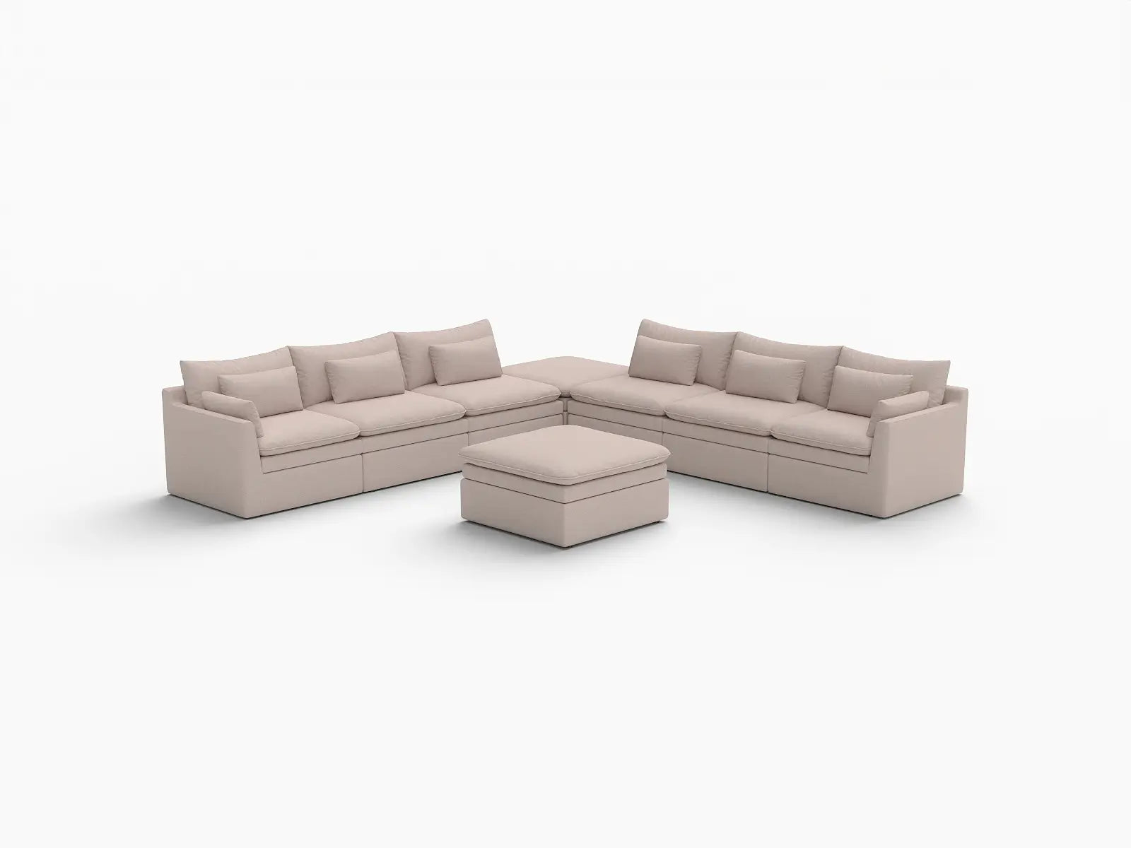 Deluxe Cloud 6-Seater Khaki Sofa Set | 8-Piece (Includes 2 Ottomans), Linen Look Poly Fabric, Washable Cushion Covers