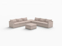 Deluxe Cloud 6-Seater Khaki Sofa Set | 8-Piece (Includes 2 Ottomans), Linen Look Poly Fabric, Washable Cushion Covers