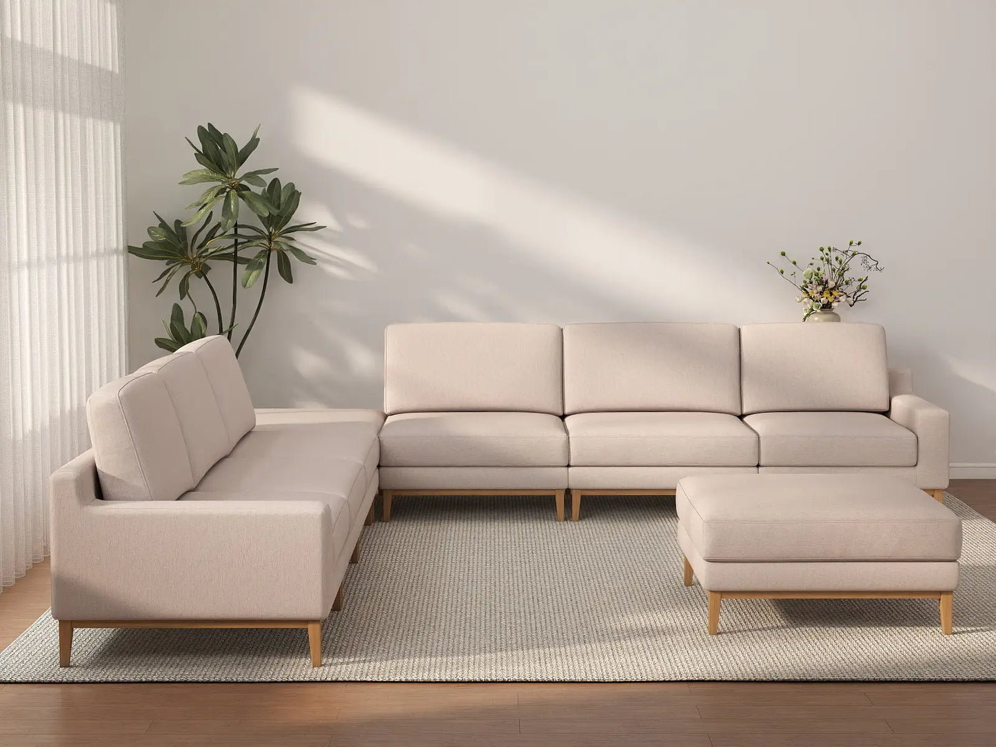 Deluxe Cloud 6-Seater Khaki Sofa Set | 8-Piece (Includes 2 Ottomans), Linen Look Poly Fabric, Washable Cushion Covers