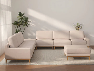 Deluxe Cloud 6-Seater Khaki Sofa Set | 8-Piece (Includes 2 Ottomans), Linen Look Poly Fabric, Washable Cushion Covers
