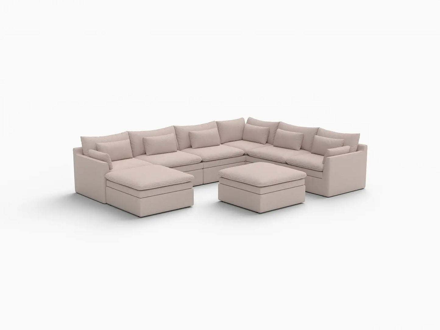 Deluxe Cloud 6-Seater Khaki Sofa Set | 8-Piece (Includes 2 Ottomans), Linen Look Poly Fabric, Washable Cushion Covers