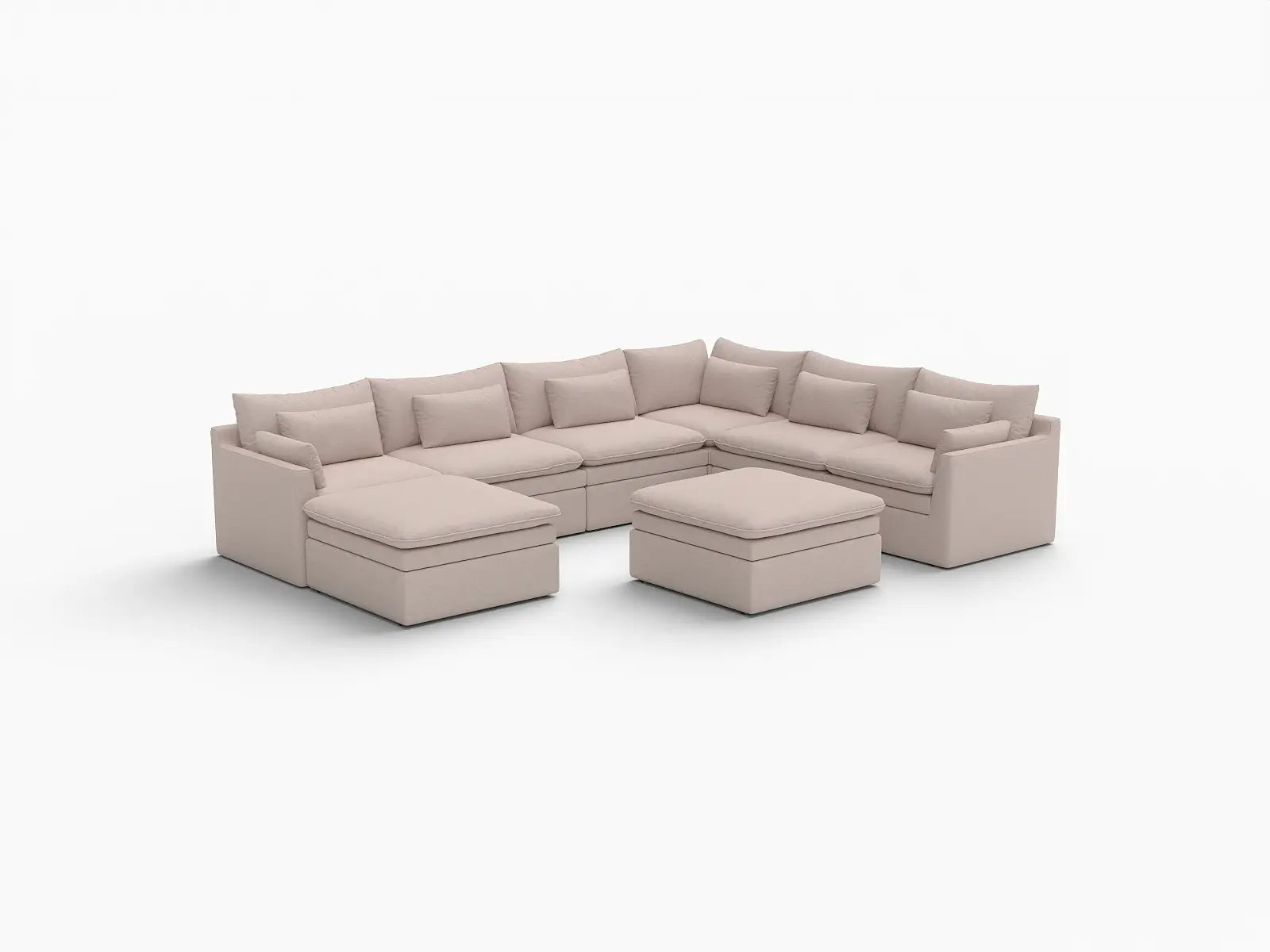 Deluxe Cloud 6-Seater Khaki Sofa Set | 8-Piece (Includes 2 Ottomans), Linen Look Poly Fabric, Washable Cushion Covers
