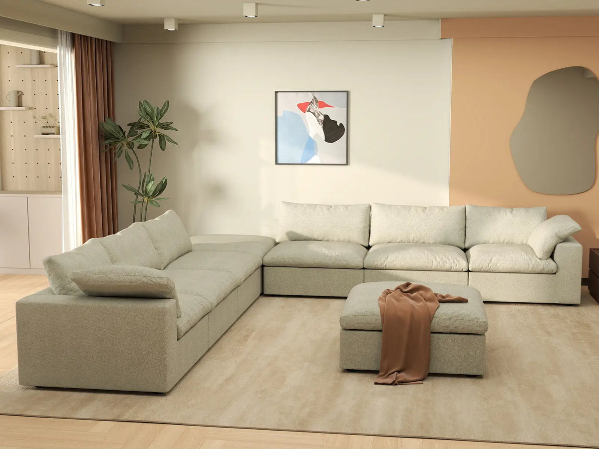 Deluxe Premium Cloud Sectional Sofa Covers | Khaki Cotton and Linen Sofa Cover for 6-Seater with 2-Ottomans