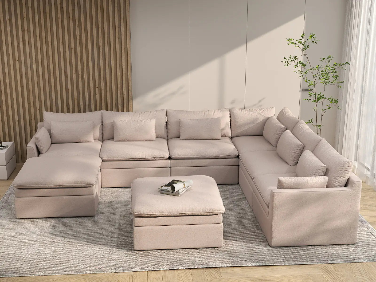 Deluxe Cloud 6-Seater Khaki Sofa Set | 8-Piece (Includes 2 Ottomans), Linen Look Poly Fabric, Washable Cushion Covers