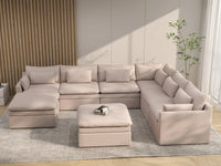 Deluxe Cloud 6-Seater Khaki Sofa Set | 8-Piece (Includes 2 Ottomans), Linen Look Poly Fabric, Washable Cushion Covers